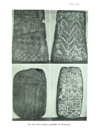 Bórmida's 1956 plate of the three engraved Patagonian plaques in four photographs: dense crosshatch, chevron, and stepped-meander incisions on...