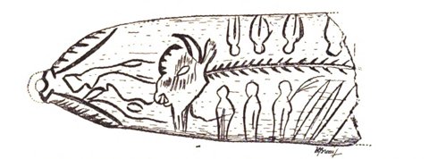 Raymonden engraved bone pendant, interpreted as a fragmentary bramadera.