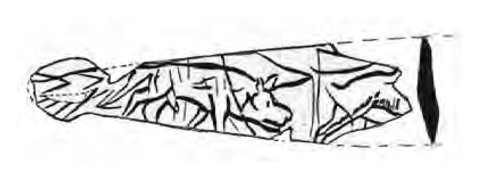 Drawing of the Eyzies fragment after Breuil, with a waisted cord-head at left, an engraved animal scene along the face and an edge section at right.