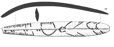 Barandiarán’s face, edge profile, and cross-section drawing of the El Valle antler object.