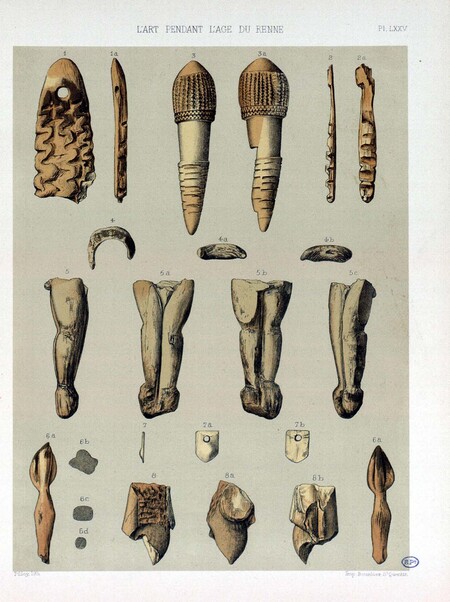 Piette 1907 Plate LXXV: Brassempouy ivory objects; the serpentiform pendant is figs. 1 and 1a at upper left.