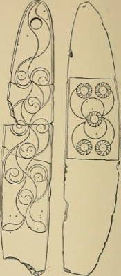 Two compass-engraved bone slips from Cairn H, Loughcrew, in flowing La Tène scrollwork.