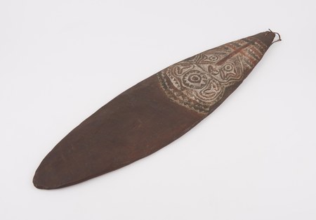 Carved Papuan Gulf bull-roarer, anthropomorphic lime-inlaid — representative for the Sepoe (Gulf). Science Museum Group A655886.