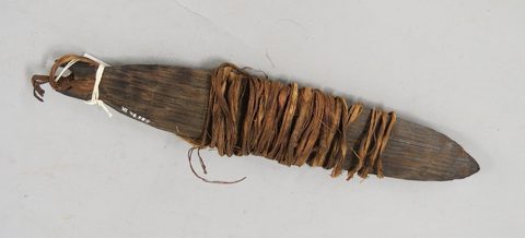 The ulke-maira itself — a palmwood blade wound with plant-fibre cord, made by Tarigo at Kalabu I near Maprik in 1965.