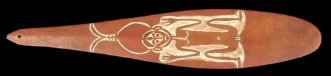 A painted Solos blade from Buka Island, with a white-outlined figure, round face and outstretched limbs across its broad half.