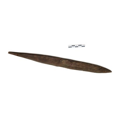 A wooden rhombe from Umboi (Rooke) Island, collected by Felix Speiser, acquired 1940.
