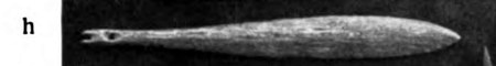 'Kleines Schwirrholz' (small bull-roarer) from the Hube area, a slender lanceolate blade with a notched, pierced end for the cord — the figure...