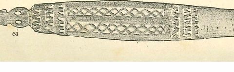 Schellong's Finschhafen blade in Leiden (568/97): unpierced, the cord looped below its neck, a face at the rounded end.