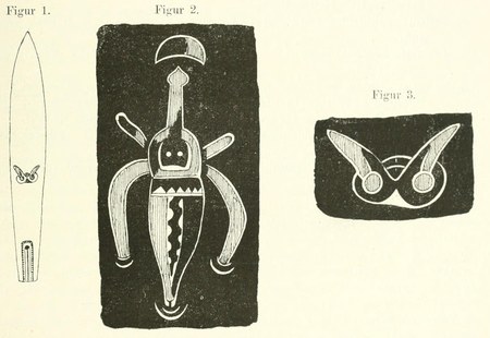 The first New Guinea Schwirrholz catalogued in Berlin (VI 10342, 1888) — palm-wood blade with a horsefly incised on each face, at rest and in...
