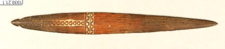Schwirrholz from a magic bundle for the Barlum (balum) festival, Finschhafen area, Morobe — a slim wooden blade, no cord surviving, a narrow...