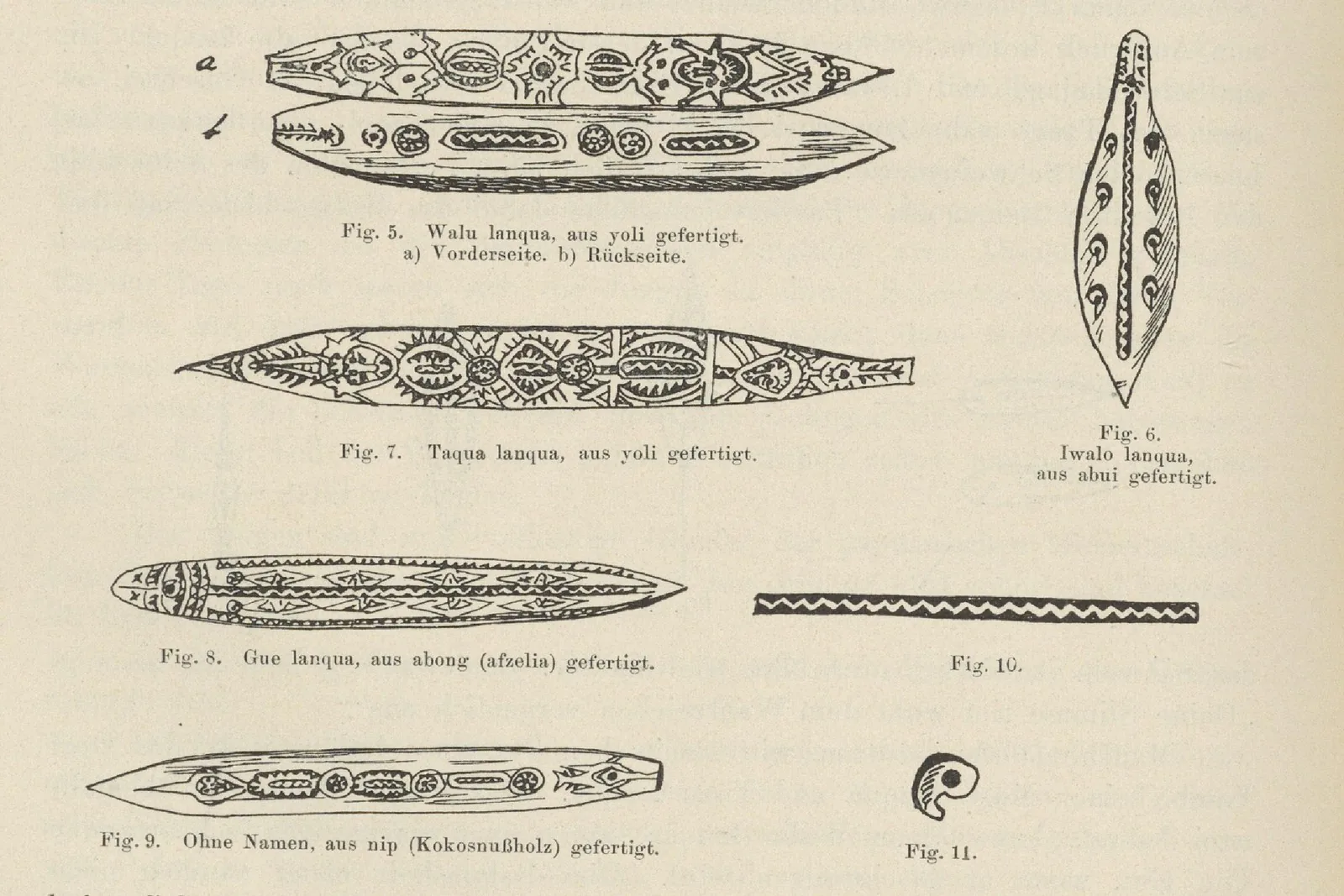 Neuhauss plate of decorated Bukaua and Huon Gulf balum bullroarer forms, numbered Figs. 5 to 11.