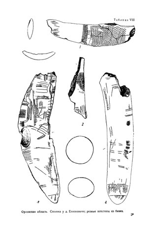 Four engraved ivory plaques from Eliseevichi with their cross-sections, plate VIII.