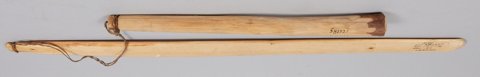 Carrier bullroarer from British Columbia, with two pale wooden parts of different widths joined by a cord.