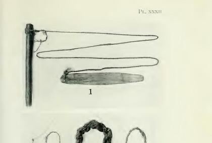 The Munge Kikuyu ke-hu-ru-ta bullroarer, with bark-twine thong and stick handle.