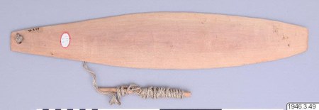 A Maxakalí bull-roarer from Minas Gerais, Brazil, with cord and wound handle stick — collected by Curt Nimuendajú in 1939 (Museum of World...