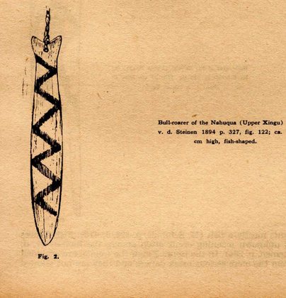 Zerries’s figure 2 is a Nahuquá fish-shaped bull-roarer, drawn as a long tapered blade with a forked tail and bold zigzag bands.