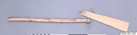 Ticuna (Tukuna) bull-roarer with its plain handle stick, Rio Solimões, Brazil — used in the mask dance at the girls' puberty ceremony, matching...