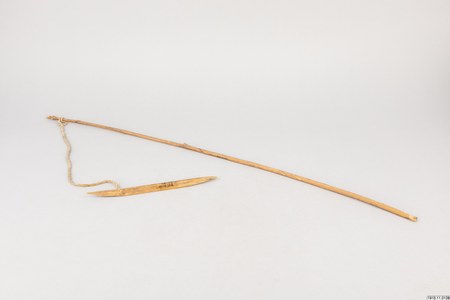 Chácobo whip-style bull-roarer — small lens blade and its swinging stick, collected on Nordenskiöld's 1913 Bolivia expedition (Etnografiska...