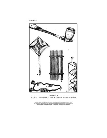 Reichel-Dolmatoff's Lamina VII: the zumbador is fig. 4, lower right — the pyro-engraved blade with its cord-knob.