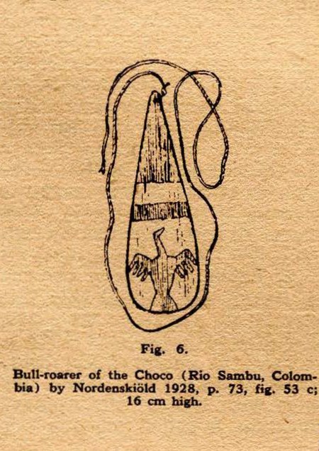 Nordenskiöld's drawing of a Chocó bullroarer from the Río Sambú, Colombia: a teardrop-shaped blade incised with a bird figure, its cord looped...