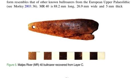 The Matjes River MR 40 bullroarer: a reddish-brown bone blade with a drilled hole at one end and a forked, notched tip at the other, shown...