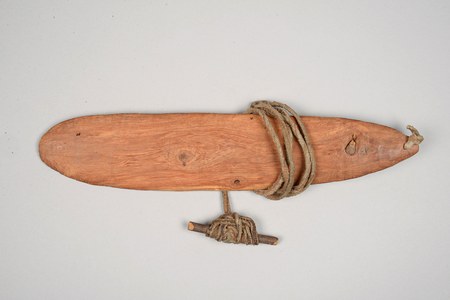 Representative—not this record’s object: San Kalahari bullroarer (Weltmuseum Wien), shown as a regional stand-in; no image of this record’s own...