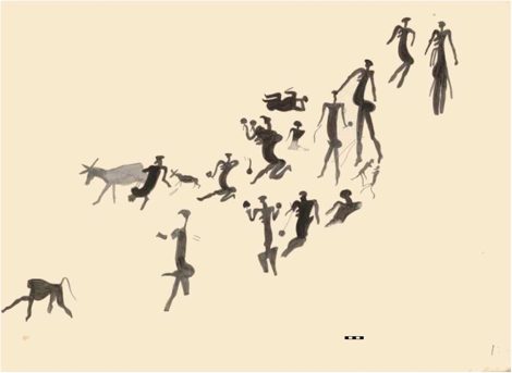 Lendy 1 (Marondera, Zimbabwe) rock-art panel: a central figure holds a possible rattle and another (far right) swings a bull-roarer — a painted...