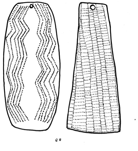 Gifford's Q8 drawings of the two Santa Cruz Island C83 bone blades, pierced near one end, with dotted zigzag and crosshatch.