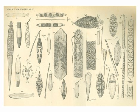 Schmeltz's 1896 comparative plate lines up dozens of Schwirrhölzer side by side — spun toys and roarers from Brazil, Australia, New Guinea,...