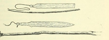 The baling (whizzing-stick/bull-roarer) of Kampong Jalor documented here — the upper figure, with its separate swinging rod; the lower pair...