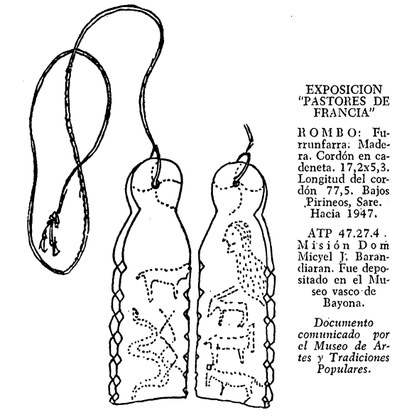 A drawing of both faces of a wooden board with a rounded pierced head and long braided cord; small four-legged animals walk in file down each face, with a figure above them on one side.