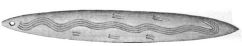 A drawing of a long narrow Central Australian bullroarer, its surface carved with a long wavy line.