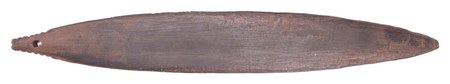 Schwirrholz collected by Felix Speiser at Port Vato, Ambrym, in 1912 — dark laurel-leaf slat with single end hole and notched grip, 36 cm; the...