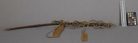 Kaibab whirrer rig: two notched whirrers on stick and cords.