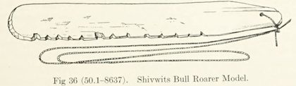 A drawing of a long serrated-edged wooden bullroarer with a long cord.