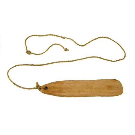 A Dogon imina na from Ireli, Sanga, on the Bandiagara escarpment: a plain wooden slat pierced near one end and strung on a long cord. The Dogon...