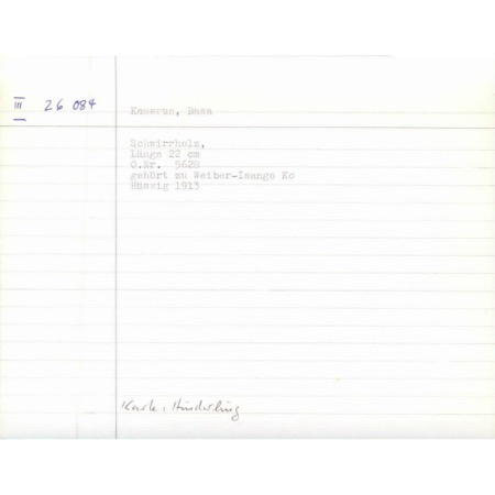 A Museum der Kulturen Basel collection card recording a 22 cm Bassa bullroarer (Schwirrholz) belonging to the women's Isango Ko association,...