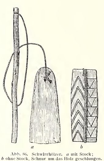 Tessmann's Fang field figure: the plain blade on cord and whirling stick (a), and a chevron-carved blade (b).