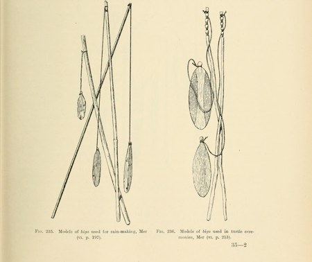 Line drawings of miniature bigo — flat ellipsoid discs on cords, mounted on crossed sticks for display: three used in Meriam rain-making rites...