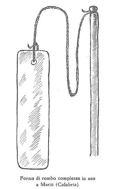 Tucci's drawing of the Marzi rig — the bored blade on its cord, tied to the long whip-handle.