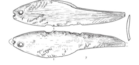 Both faces and the side profile of the Mala Triglavca bone fish: the drilled eye and notched mouth at left.