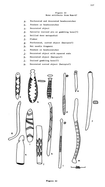 An archaeological plate shows thirteen bone implements with their original letters and descriptions, including four decorated pieces.