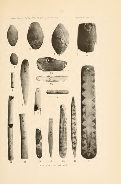 A historical photographic plate displays clay objects and worked bone, with the two decorated Tuluwat fragments numbered 12 and 13 near the bottom.