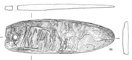 Drawing of a long incised stone blade with a hole at left, rounded end at right, a thin edge profile above and broad low cross-section beside it.
