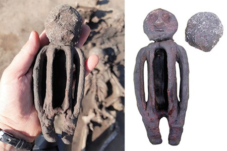Side-by-side photographs show the clay figure with a round bone mask covering its face, then its uncovered face beside the detached mask.