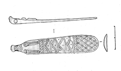 Front and side drawings of a narrow bone dragon, with eyes and engraved arcs, dots and scales; a shallow curved cross-section and scale bar appear below.