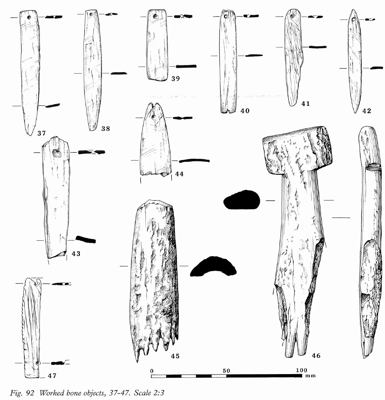 Black-and-white archaeological drawings of eleven numbered bone objects with cross sections and a 100 millimetre scale; two long, narrow pierced blades occupy the upper left.