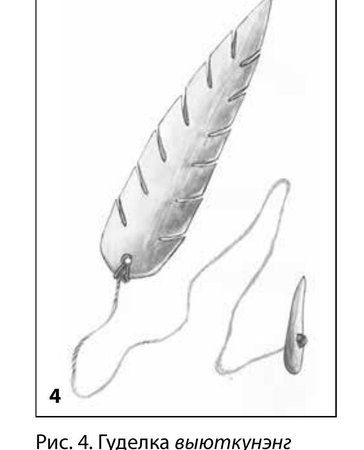 The Chukchi vyutkunen (выюткунэнг), a whirled instrument carved and shaded to resemble a notched bird's feather, shown beside its cord and a...