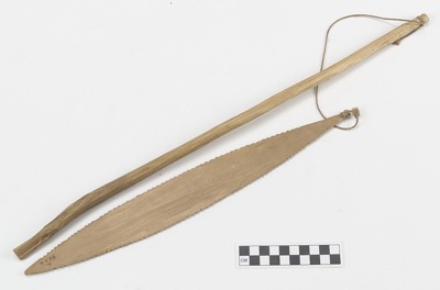 Penobscot bullroarer of carved wood and twine collected by Frank G. Speck at Old Town, Maine, in 1911 — National Museum of the American Indian...