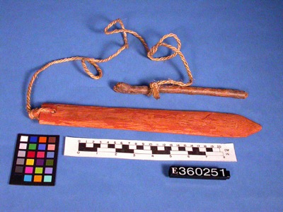 Pima painted-wood bullroarer with cord and handle, NMNH E360251.